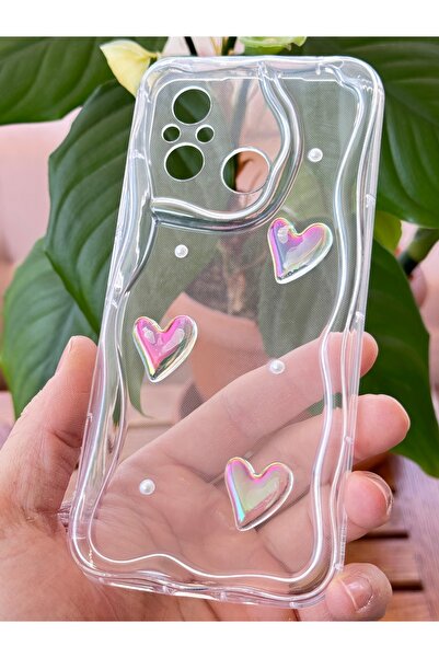Fibaks Xiaomi Redmi 12C Case 3D Heart Pearl Design Patterned Camera Protection Transparent Silicone Cover
