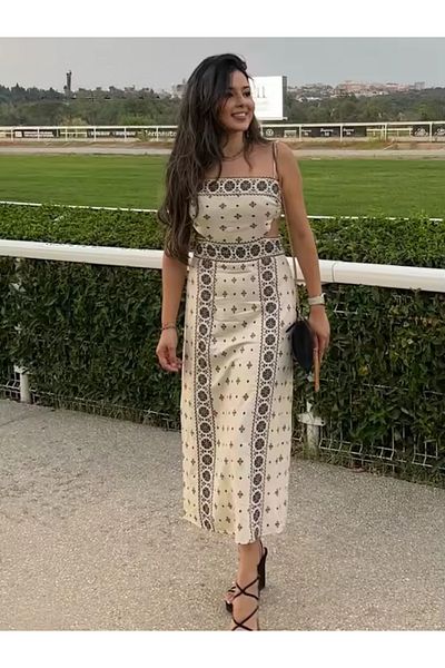 FASHION COCKTAIL Στυλ μοτίβο σταυροβελονιάς Συμμετρικό μοτίβο με παράθυρο πλάτη ελαστικό λουράκι κάτω από το γόνατο Casual Boho λινό φόρεμα
