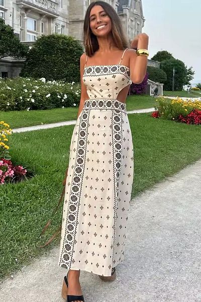 FASHION COCKTAIL Στυλ μοτίβο σταυροβελονιάς Συμμετρικό μοτίβο με παράθυρο πλάτη ελαστικό λουράκι κάτω από το γόνατο Casual Boho λινό φόρεμα