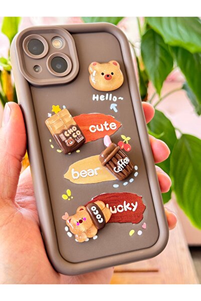 Fibaks Apple iPhone 14 Plus / 15 Plus Case Designed Patterned Camera Protected Teddy Bear Brown Soft Silicone
