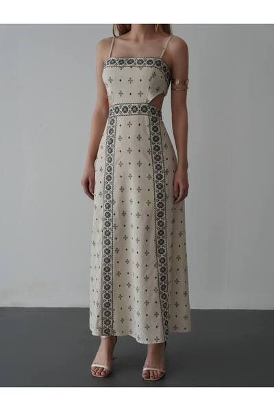 FASHION COCKTAIL Στυλ μοτίβο σταυροβελονιάς Συμμετρικό μοτίβο με παράθυρο πλάτη ελαστικό λουράκι κάτω από το γόνατο Casual Boho λινό φόρεμα