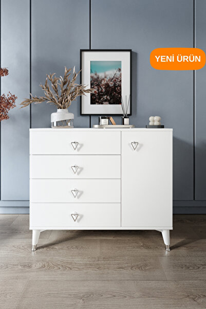 mapahomeliving Simple 4 Çekmeceli 1 Kapaklı Modern Şifonyer Beyaz Gümüş