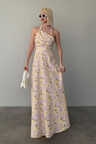 Madmext Rochie lungă florală cu pliuri în față liliac MG2363