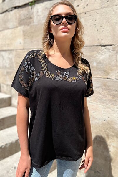 RICH GLAM Loose Fit Cotton Leopard Crystal Stone Large Size Black Stylish Comfortable Women's T-Shirt T-Shirt