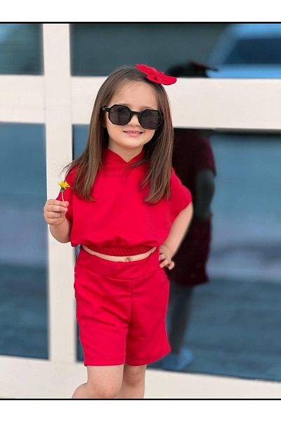 KTT TEKSTİL Girl's Hooded Short Sleeve Blouse and Shorts 2 Piece Summer Set