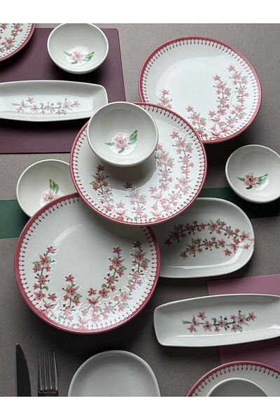 tabakevi Plate House Porcelain Spring Branch Canvas Breakfast Set for 6 People 14 Pieces Tvl14Kahprs1155