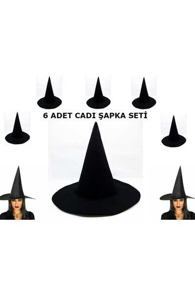 YerliÇöpPoşeti Black Witch Hat Felt Adult Size 6 Pieces