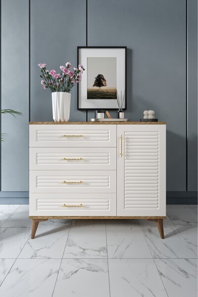 mapahomeliving Panjurlu 4 Çekmeceli 1 Kapaklı Şifonyer Modern Tasarım, MDF Kapak,Ekru Ceviz