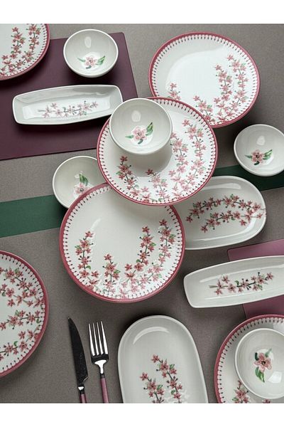 tabakevi Plate House Porcelain Spring Branch Canvas Breakfast Set for 6 People 14 Pieces Tvl14Kahprs1155