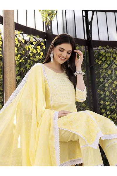 Ishin By Styli Embroidered Cotton A-Line Kurta and Pants with Dupatta Set