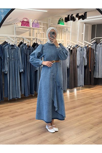 OlaLady Fusta de damă cu volane, rochie din denim, hijab