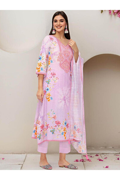 Ishin By Styli Printed V-Neck Kurta and Trousers with Dupatta Set