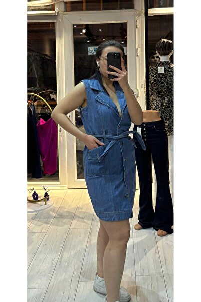 TRENDBUTİK Elbise Düğme Kapama Denim Kadın Belden Bağcıklı Mavi