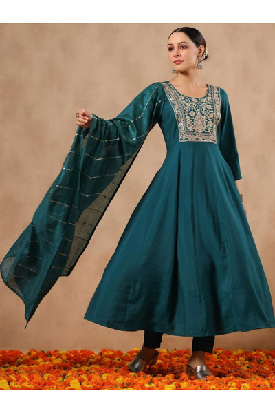 Ishin By Styli Embroidered A-Line Kurta and Pants with Dupatta Set