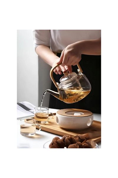 BulutRetail Glass Filtered Teapot with Wooden Handle
