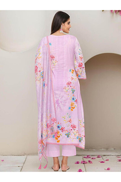 Ishin By Styli Printed V-Neck Kurta and Trousers with Dupatta Set