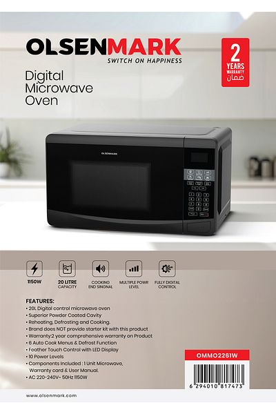 Olsenmark OMMO2261 Microwave Oven with Digital Panel, 23L - 1100W