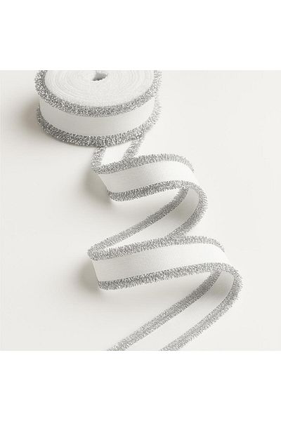 ŞENEL DAR DOKUMA 3cm Silver Glitter Fringed White Ribbon - Ribbon