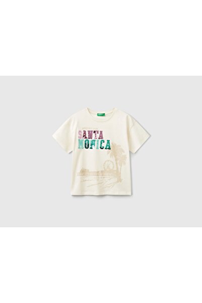 Benetton Girl's Sequin Embroidered Printed T-Shirt
