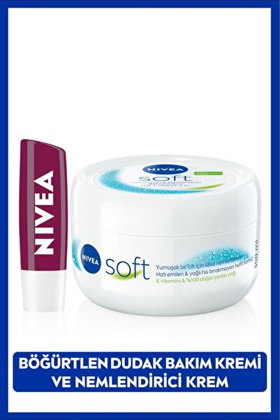 NIVEA Soft Nemlendirici Vücut Kremi 300ml Ve Böğürtlen Dudak Bakım Kremi 4.8gr, Bordo Işıltı, Doğal Yağlar