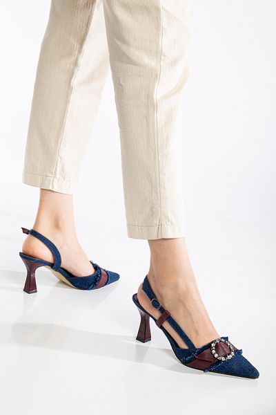 shop Denim Jeans Leather Detailed Round Stone Buckle Slingback Shoes