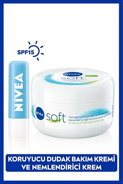 NIVEA Soft Nemlendirici Vücut Kremi 300ml ve Hydro Care Renksiz Dudak Bakım Kremi, Dudak Çatlağı, SPF15