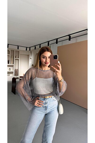 Sezgi Tekin Leylak Oversize Simli File Bluz