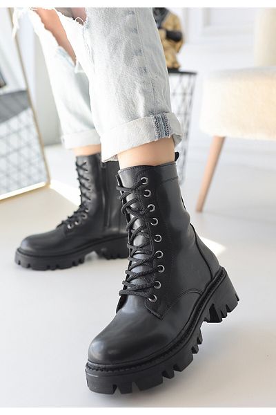 doremodam Flona Black Skin Lace up Boots - Lisinya
