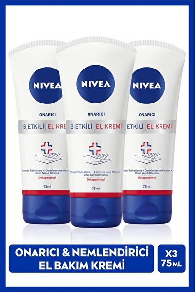 NIVEA 3 Etkili Onarıcı El Bakım Kremi 75ml, Nemlendirici, Anında Rahatlama,De...