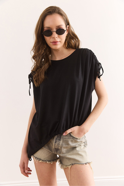 Olalook Γυναικεία μαύρη ασύμμετρη μπλούζα με κορδόνι με λεπτομέρεια πλεκτή βισκόζη Blz-19002932