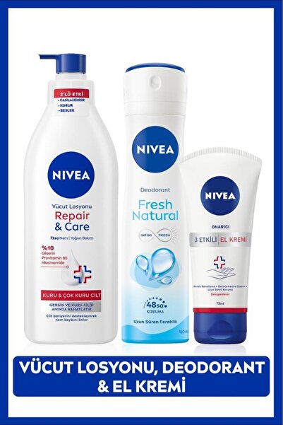 NIVEA Gelin Çeyiz Seti, Repair&Care Vücut Losyonu 400ml, Deodorant 150ml, El Bakım Kremi 75ml, Kuru Cilt