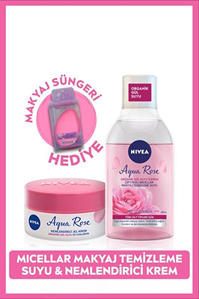 NIVEA Aqua Rose Micellar Çift Fazlı Makyaj Temizleme Suyu 400ml Ve Nemlendirici Krem 50ml, Sünger He
