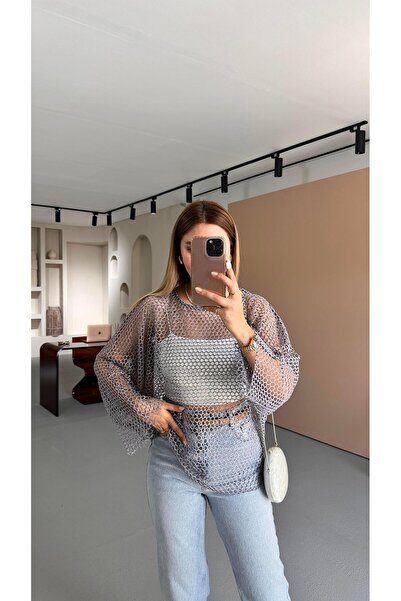 Sezgi Tekin Leylak Oversize Simli File Bluz