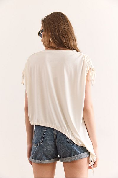 Olalook Women's Ecru Asymmetrical Drawstring Detailed Draped Knitted Viscose Blouse Blz-19002932
