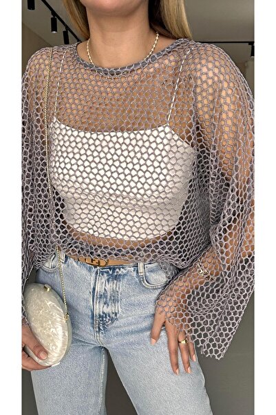 Sezgi Tekin Leylak Oversize Simli File Bluz