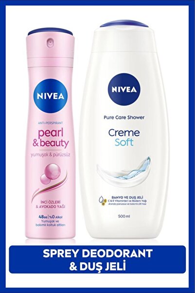 NIVEA Creme Soft Banyo Ve Duş Jeli 500ml Ve Kadın Sprey Deodorant Pearl&beauty 150ml, 48 Saat Ter Karşıtı