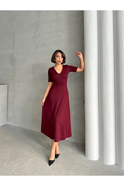 BEJNA Women's Burgundy V-Neck A-Line Long Soft Dress