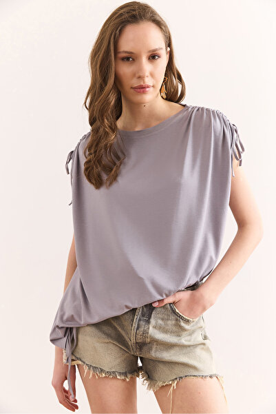 Olalook Women's Gray Asymmetrical Drawstring Detailed Draped Knitted Viscose Blouse Blz-19002932