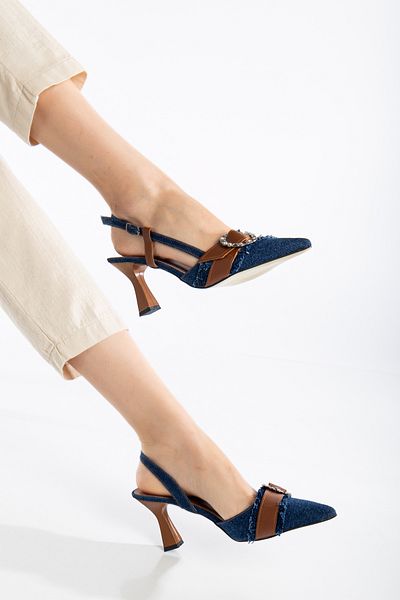 shop blugi din denim detaliu din piele cu cataramă rotundă din piatră pantofi cu toc cu spatele deschis