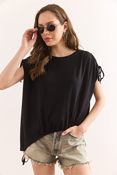 Olalook Γυναικεία μαύρη ασύμμετρη μπλούζα με κορδόνι με λεπτομέρεια πλεκτή βισκόζη Blz-19002932
