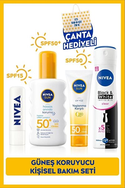 NIVEA SUN SPF50 Güneş Koruyucu Sprey 200ml,Q10 Yüz Kremi 50ml,Dudak Kremi,Deo...