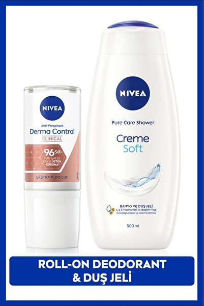 NIVEA Creme Soft Duş Jeli 500ml Ve Kadın Rollon Deodorant Derma Control Clinical 50ml, 96saat Ter Koruması