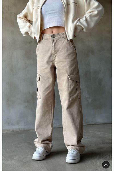 QİSSO Beige Cargo Pocket Palazzo Wide Leg High Waist Loose Leg