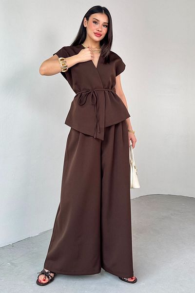 Cappmoda Tkm-03676 Brown Padded Vest Palazzo Trousers Polyviscon Fabric Double Suit