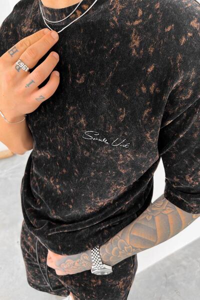 HAFKAGİYİM Темно-синя футболка оверсайз з тонким батиком і вишивкою