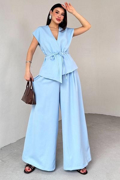 Cappmoda Tkm-03676 Vestă căptușită Baby Blue Pantaloni Palazzo Set dublu din țesătură Polyviscon