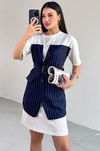 Cappmoda ELB-01770 Μπλε ναυτικό ριγέ λευκό μπλουζάκι Λεπτομερές σχέδιο φόρεμα με ζώνη