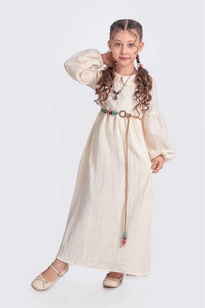 vestitino Ecru Muslin Fabric Baby Collar Girl's Long Sleeve Dress 1679