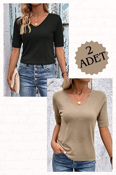 TRQOM Καλοκαιρινή μπλούζα - V λαιμόκοψη, πλεκτά και μπλούζα μαύρο-μινκ, 2 τμχ