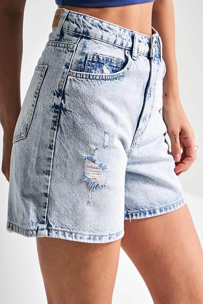 its basic Blue Color 12S5-3 Mom Fit Midi Denim Short with Laser Detail